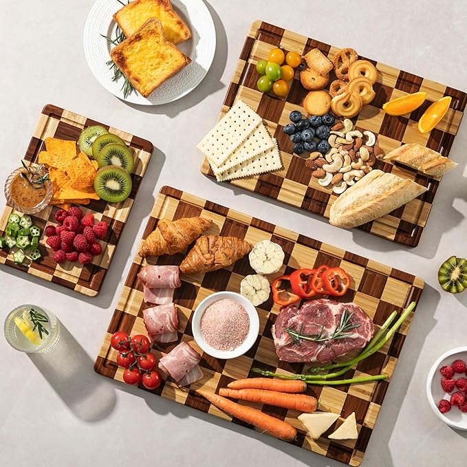 THETCHRY Bamboo Cutting Board Set, Checkered Wood Cutting Boards for Kitchen with Juice Groove, Non Toxic Wooden Charcuterie Boards, Non Slip Chopping Board for Meat Fruit Cheese, Housewarming Gift