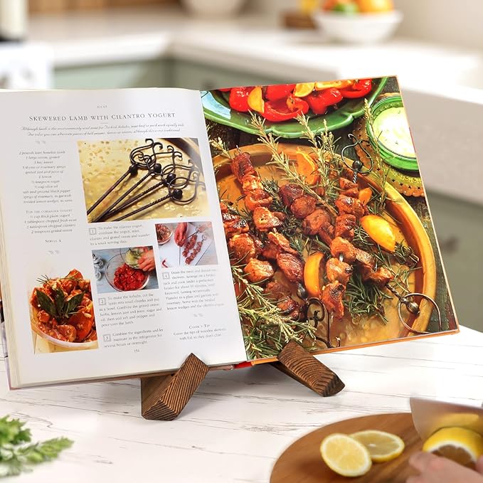 PUERSI Cookbook Stand for Kitchen, Recipe Book Holder for Kitchen Counter, Wooden Cookbook Holder, Rustic Cook Book Holder Stand - Rustic Brown - 1 Set