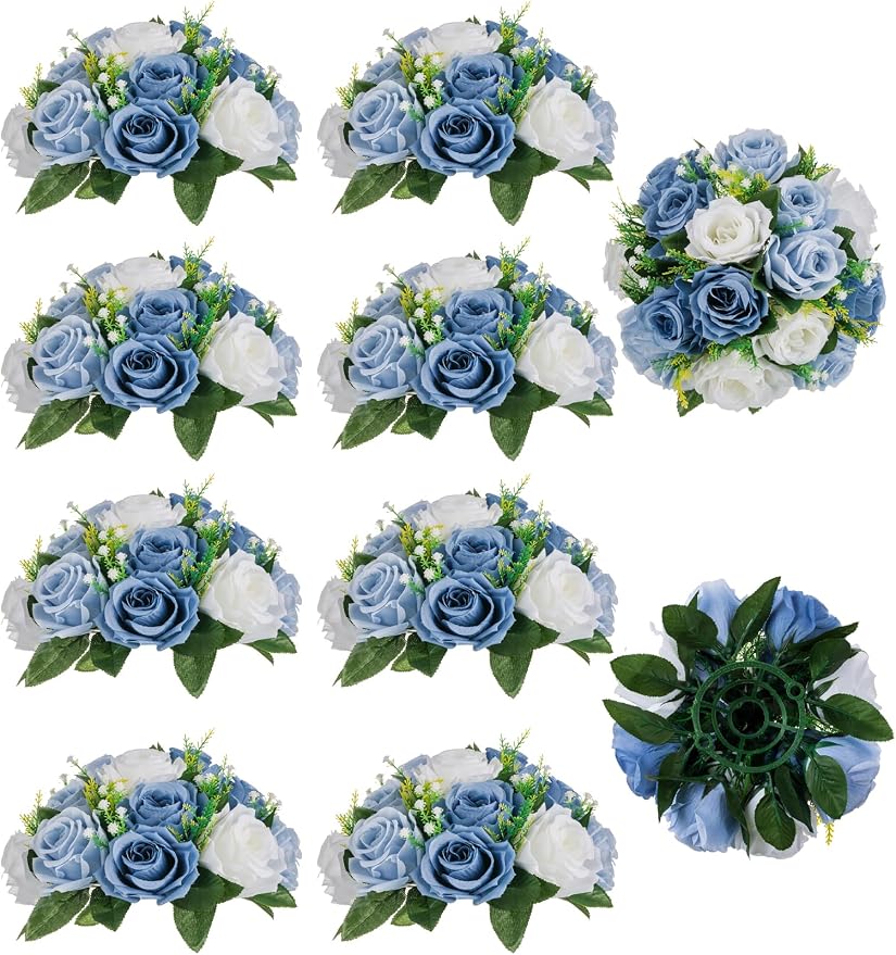 BLOSMON Flower Ball Centerpieces for Table 10 Pcs Fake Rose Centerpiece Flowers Dusty Blue Artificial Silk Floral Arrangement Center Piece Kissing Bouquet for Wedding Party Home Decor