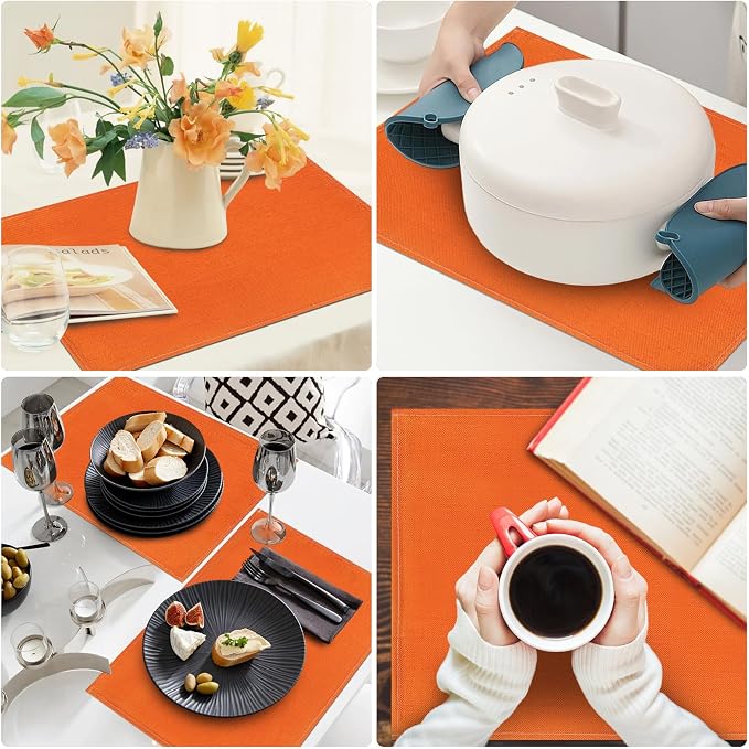 Niviy Orange Fall Placemats Set of 6, 12x18 Inch Washable Easy to Clean Heat-Resistant Anti-Skid Indoor Outdoor Table Mats for Holiday Party Kitchen Dining Room Decoration