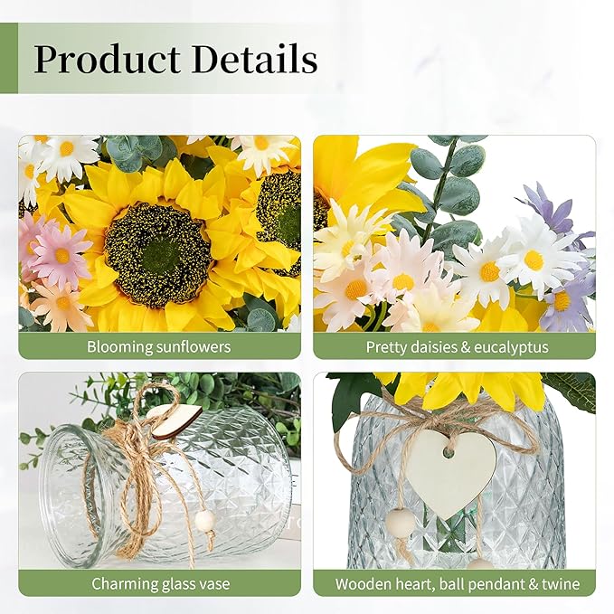 BLOSMON Sunflower Fake Flowers in Vase: Sunflowers Artificial Flowers with Vase for Table Centerpieces Decor - Silk Flower Bouquet Faux Arrangements Kitchen Bathroom Wedding Party Decoration