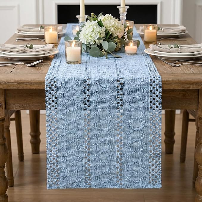 Artoid Mode Sky Blue Farmhouse Woven Rustic Hollow Table Runner, Seasonal Holiday Hollow Kitchen Dining Table Decoration for Home Party Decor 12x72 Inch