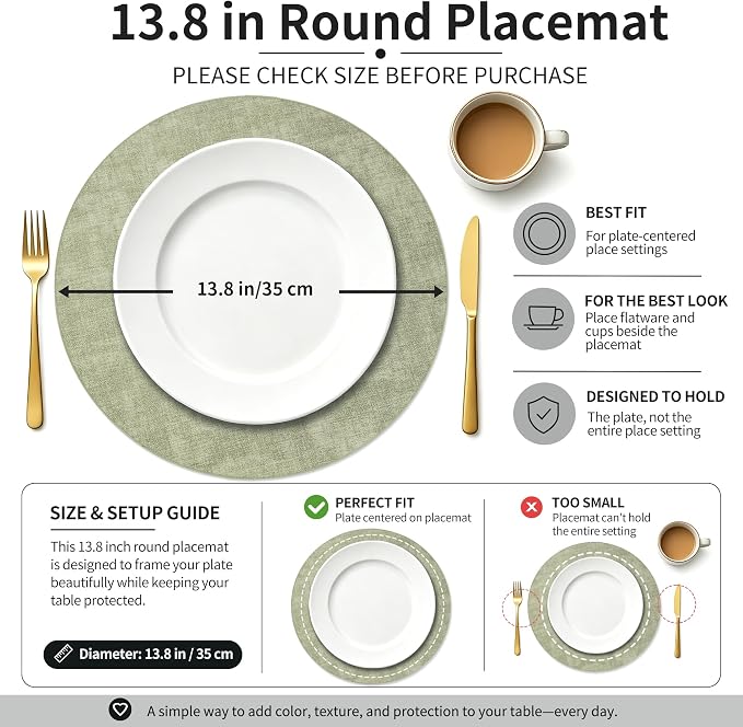 Maxpearl Round Placemats Set of 6, 13.8 inch Faux Leather Heat Resistant Table Mats, Non Slip Waterproof Wipeable Place Mats for Kitchen Dining Holiday Party Table Settings, Sage Green