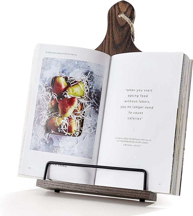 FANATU Cookbook Stand, Rustic Wood Cookbook Holder Cutting Board Style, Adjustable Recipe Ipad Tablet Book Holder and Stand for Kitchen with Anti-Slip Kickstand (Dark Brown)