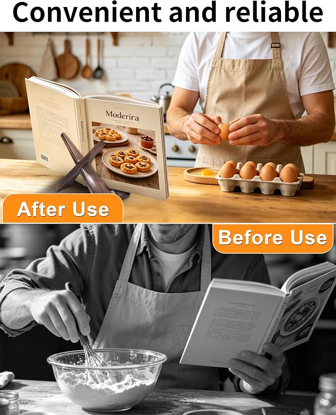 Cookbook Stand for Kitchen, Wooden Cookbook Holder, Rustic Cook Book Holder Stand with Natural Wooden Grains, Recipe Book Holder for Kitchen Counter Gift for Home Chefs Cook Lovers