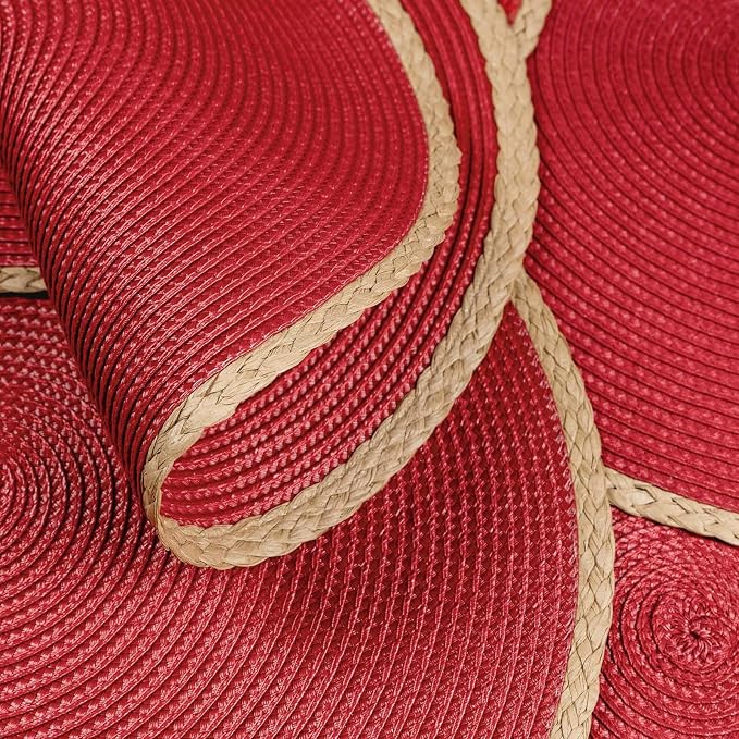 Noctiflorous Braided Round Placemats Set of 6, 15 Inch Woven Table Mats, Non-Slip Washable Thin Edge Place Mats for Kitchen Dining Table Decor (Red, 6)