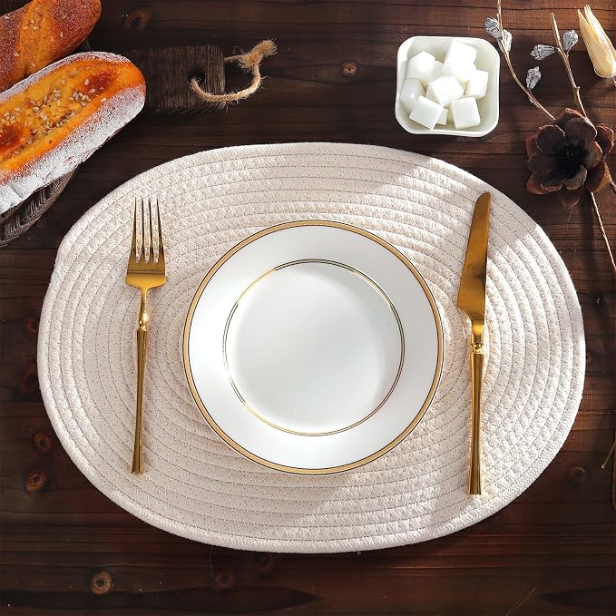 fanquare White Cotton Placemats for Farmhouse Table Decoration Braided Cotton Rope Place Mats for Kitchen Dining Round Woven Table Mats Set of 6
