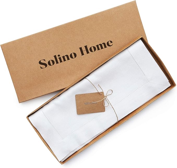 Solino Home Linen White Table Runner 36 Inches - Classic Hemstitch, 100% Pure Linen Coffee Table Runner 14 x 36 Inch Ideal for Dresser Tables - Summer, 4th of July