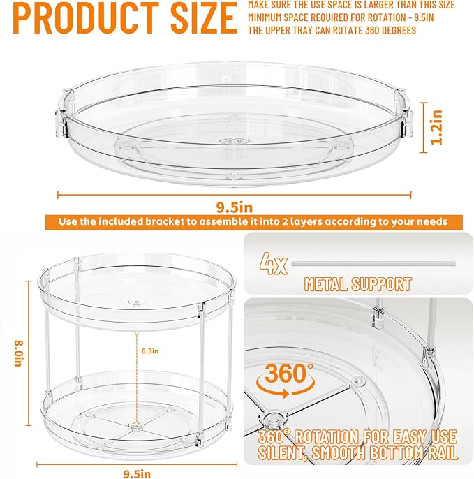 SUOXING 2 Pack Rotating Small Lazy Susan Turntable for Cabinet,9.5 Inch Clear Acrylic Spice Rack,Turntable Organizer for Refrigerator,Kitchen,Pantry and Vanity Makeup,Bathroom Countertop Organizer