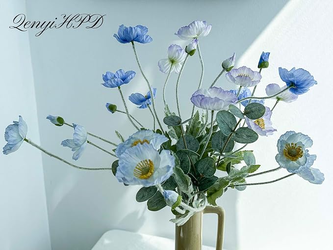 Blue Poppy Artificial Flowers and Eucalyptus Stems mixed, Fake Silk Flowers with Stems for Vase, Faux Floral Arrangements for Wedding Party Farmhouse Home Office Table Centerpieces Decoration