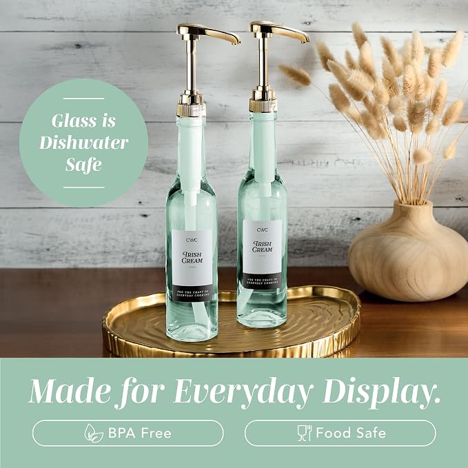 COOK WITH COLOR Glass Coffee Syrup Dispenser with Pump- Set of 2 Syrup Bottles for Coffee Bar, Decorative 350 ML Bottle with Ceramic Holder, Funnel, Labels and Extra Pumps, Sage