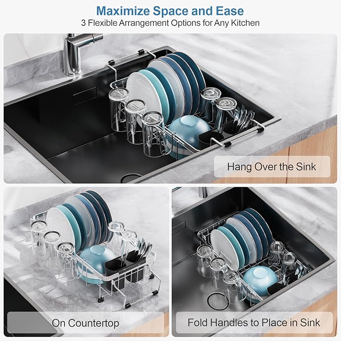 GSlife Small Sink Dish Drying Rack with Cup Holder - Expandable Stainless Steel Compact Dish Drainer for RV, Camper, Kitchen, Dish Strainer with Locking Knob, Fit Sink 11.9"-16.7" L, Silver