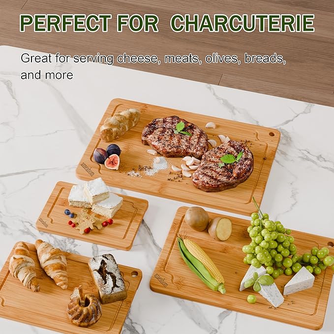 Bamboo Cutting Boards for Kitchen, 4-Piece Wood Cutting Board Set with Juice Grooves & Built-in Handles, Easy Storage & Clean Chopping Board for Meat, Vegetables, Fruit