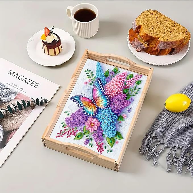 DIY Diamond Art Painting Serving Tray Creative Design Handmade Wooden Rectangular Snack Tray Dinner Plate Drill Craft for Coffee Living Room Home Organizer-Butterfly Flower