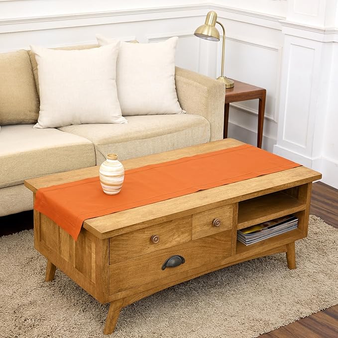Solino Home Cotton Linen Table Runner 60 Inches - Pumpkin Hemstitch Table Runner 14 x 60 Inch Ideal for Dresser and Coffee Tables