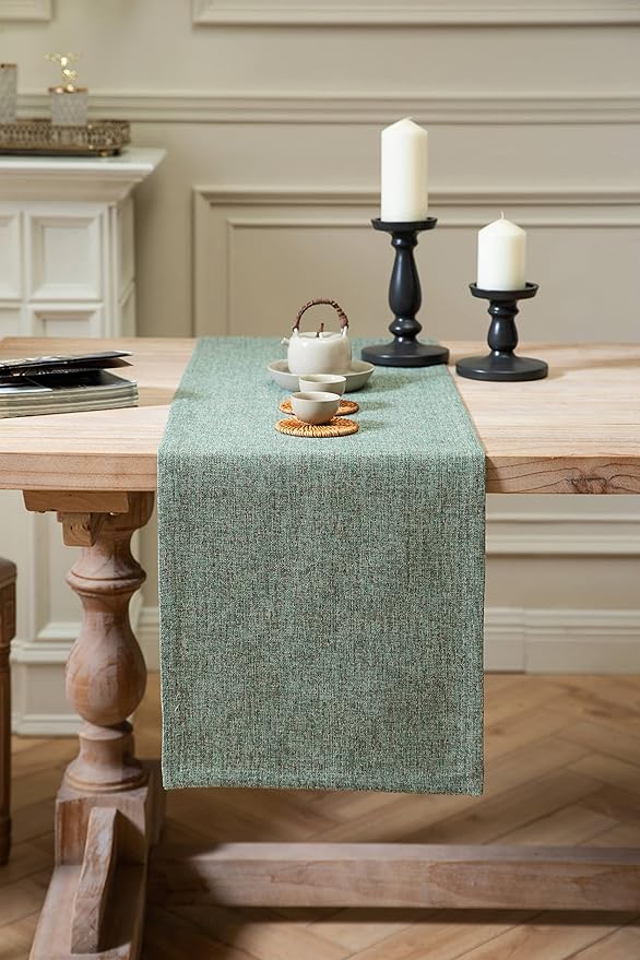 ZeeMart Burlap Style Farmhouse Table Runners 90 Inches Long, Green Rustic Woven Dining Table Runner for Everyday Use, 14x90 Inches, Mineral Green