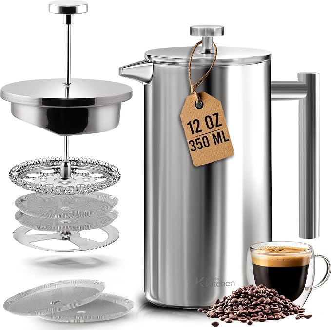 Utopia Kitchen 304 Grade Stainless Steel French Press 12 Oz, Silver | Double Wall Insulated Coffee Press with 4-Level Filtration System, Include 2 Extra Filters, Rust-Free, Dishwasher Safe