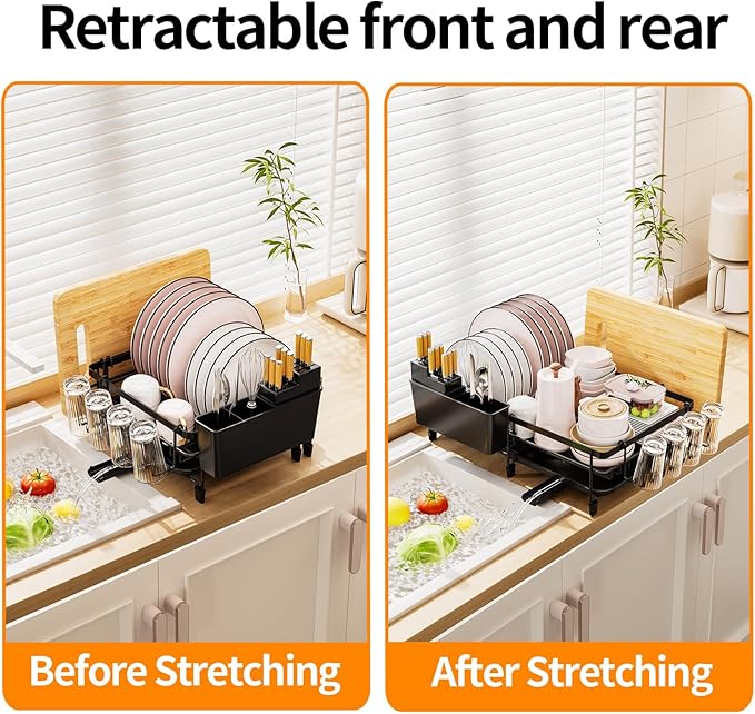 Extendable Dish Rack - a Rust-Resistant Dish Rack Suitable for Kitchen countertops, Featuring Adjustable Support Legs, a Cutlery Rack, and a Removable Drain Tray.