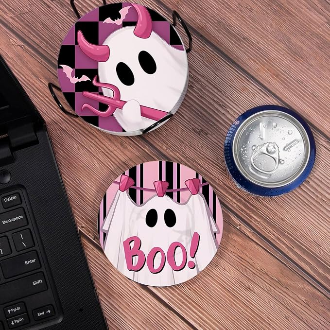 Drink Coasters for Drinks Set of 6, Pink and Black Cute Ghosts Absorbent Round Ceramic Stone Mat Coaster, with Cork Base and Metal Holder, Home Bar Decor House Warming Gift