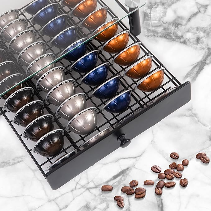 Tempered Glass Coffee Pod Drawer, Nespresso Vertuo Capsule Holder Organizer for 40 Pods, Under Coffee Maker Storage, Compatible with Vertuo Next/Plus, 14.76"x12.99"x3.5"