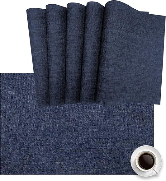 DACHUI Placemats Set of 6, Linen Look Woven Place Mats, Water Resistant, Heat Resistant, Washable, Durable Table Mats (Navy Blue)
