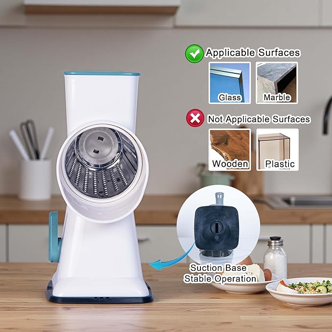 White Rotary Cheese Grater with Suction Base, Hand Crank Cheese Grater for Hard Cheese, Vegetables，Nuts, 3 Stainless Steel Drum Blades, Easy Clean Kitchen Gadget