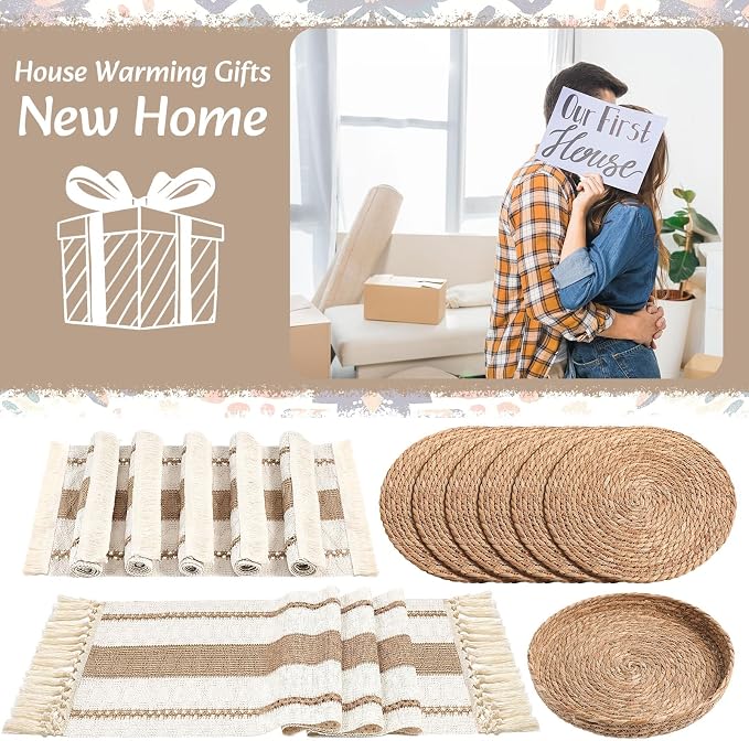 Boho Placemats 4/6/8 Set of Round Woven Placemat Macrame Style Bicolor Stitching Long Table Runner Farmhouse Rustic Natural Burlap Cotton for Kitchen Dining Table(6 Sets,Khaki A,12x72)