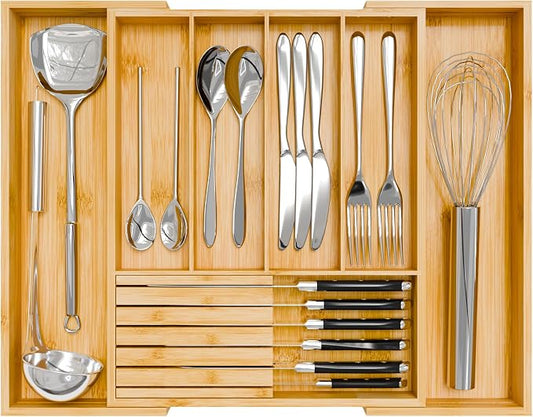 Bamboo Kitchen Silverware Drawer Organizer - Expandable Wood Utensil Holder with Dividers, Luxury Cutlery Storage Tray for Kitchen Utensil and Flatware (5-7 Slots with Removable Knife Block, Natural)