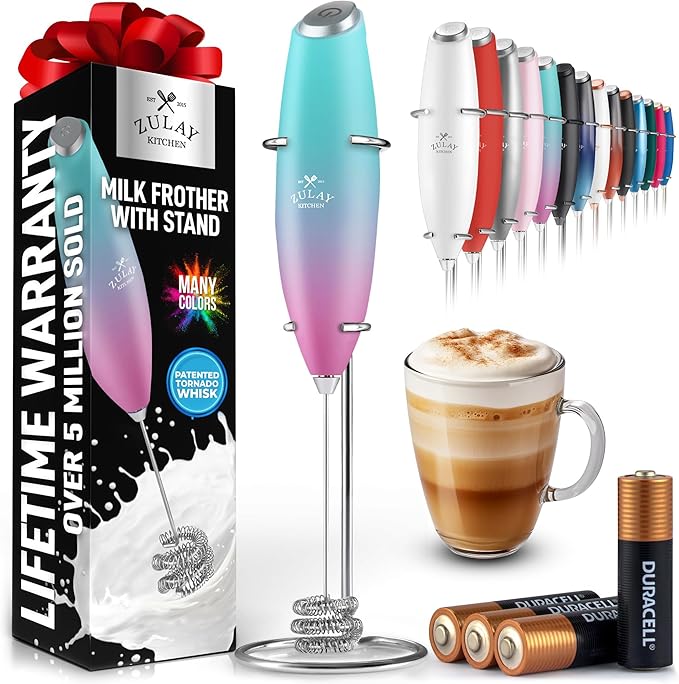 Zulay Kitchen Powerful Milk Frother Wand With Duracell Batteries - Ultra Fast Handheld Drink Mixer - Electric Whisk Foam Maker for Coffee, Lattes, Cappuccino & Matcha - Triple Whisk - Pink Rose