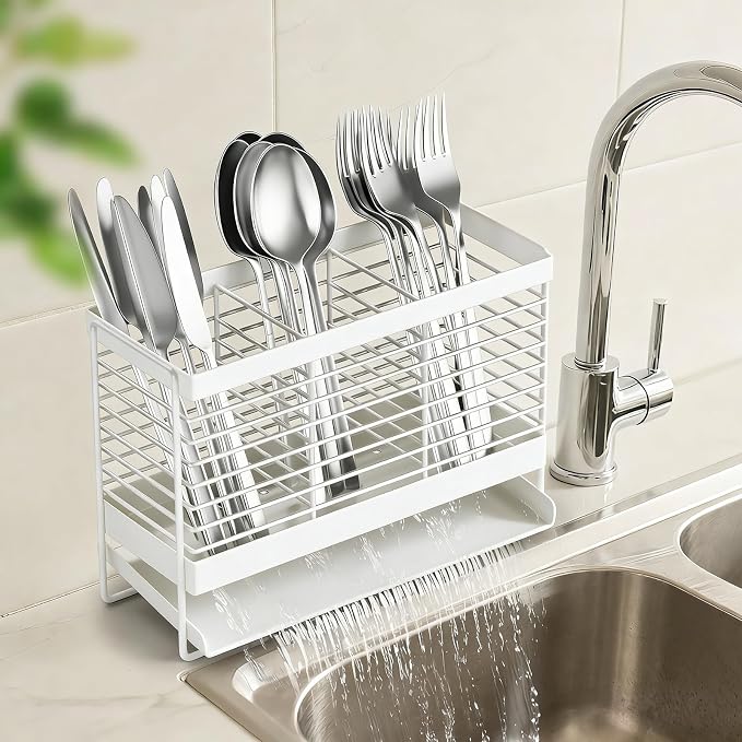 Utensil Holder, Upgrade Stainless Steel Utensil Drying Rack with Automatic Drain Tray for Kitchen Counter, Silverware Cutlery Organizer for Spoons, Forks, Knifes, Chopsticks (White)