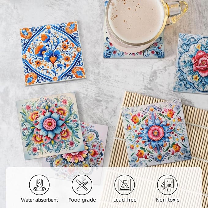 Coaster for Drinks Set of 6, Blue Vintage Spanish Ceramic Floral Absorbent Round Ceramic Stone Mat, with Cork Base and Metal Holder, Gift for Housewarming Room Bar Decor (Ornate Mosaic Tile-6)