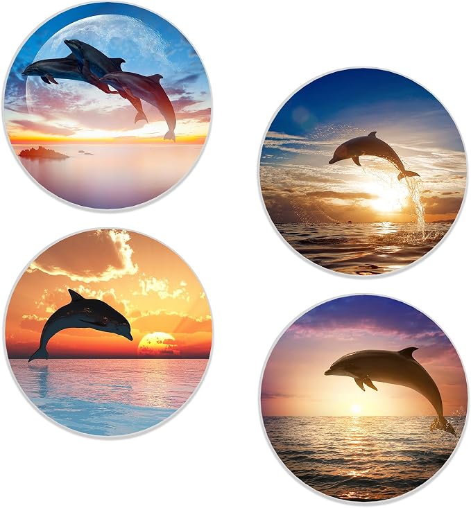 Dolphin Coasters Set of 4, Absorbent Ceramic with Cork Backing, Ocean Beach Coasters for Table Home Décor, Ideal Gifts for Women Men