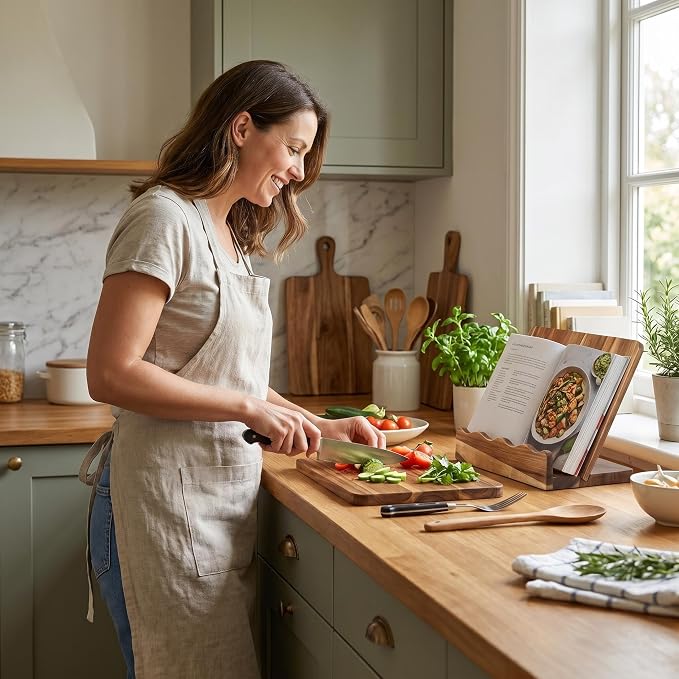 Scalloped Acacia Wood Cookbook Stand, 2-in-1 Holder & Serving Tray | Material: Acacia Wood , Food-Safe | Design: Scalloped Edge, Folds Flat to 1.5" |cookbook stand for kitchen counter