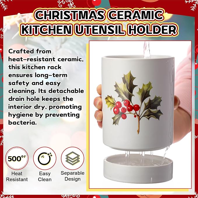 2 Pcs Ceramic Utensil Holders 5.7" Kitchen Decoration Utensil Holders Crock Organizer for Countertop with Removable Drip Tray for Counter Cooking Storage Home Kitchen