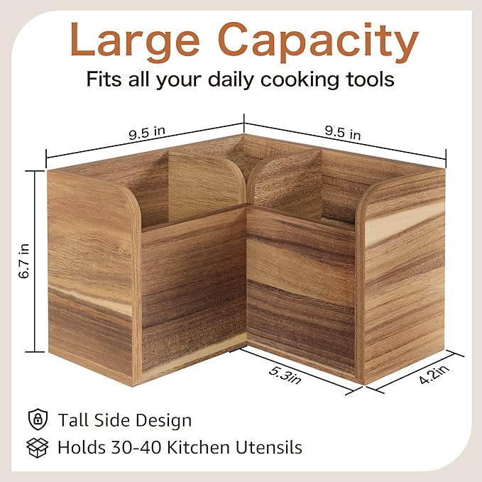 Acacia Wood Kitchen Utensil Holders for Countertop, Wooden Corner Utensils Holder with 3 Compartment, Farmhouse Utensil Caddy for Storage Cooking and Silverware, Opened Up Counter Space