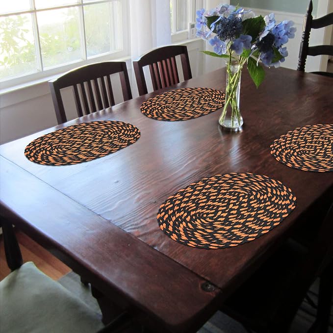 CAIT CHAPMAN HOME COLLECTION Halloween 12"X18" Orange Black Dual-Color Oval Braided Woven Polypropylene Plastic Placemats, Set of 6