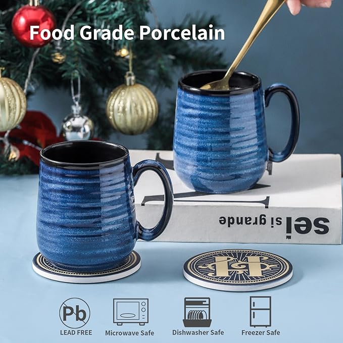 HASENSE Coffee Mugs Set of 2, 12oz Ceramic Glazed Mugs with Handles, Blue Reactive Glazes Tea Cups Gift Set for Men and Women, Includes Gold Spoon & Coaster