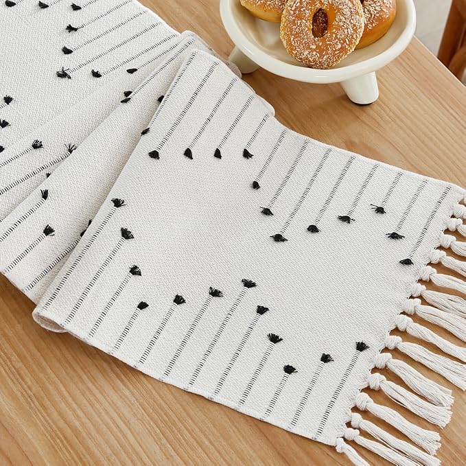 Wracra Boho Table Runner, Natural Cotton Woven Macrame Table Runners 60 Inches Long for Modern Farmhouse Woven Home Decor, 14x60 Inch, Black
