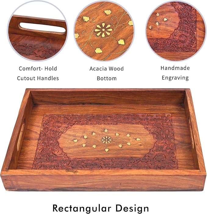 15-Inch Acacia Wood Serving Tray with Handles – Large Rectangular Wooden Ottoman Tray for Breakfast in Bed, Dinner & Coffee Table - Decorative Serving Platter