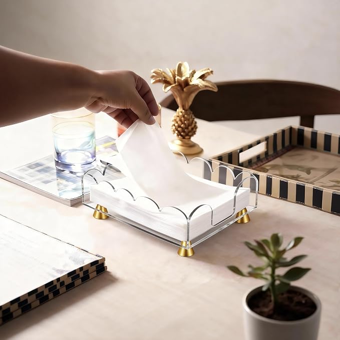Acrylic Napkin Holder with Gold Metal Feet - Elegant Clear Tissue Organizer for Bathroom, Dining Table & Vanity (Rectangle)