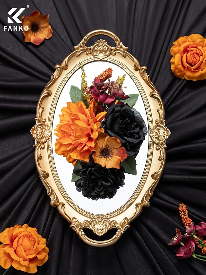 FANKO Artificial Flowers for DIY, Black Orange Faux Flowers Bouquet, Fake Rose Poppy Silk Flowers for Vase, Home Decor, Celebrations, Summer Wedding, Gothic Events, Party