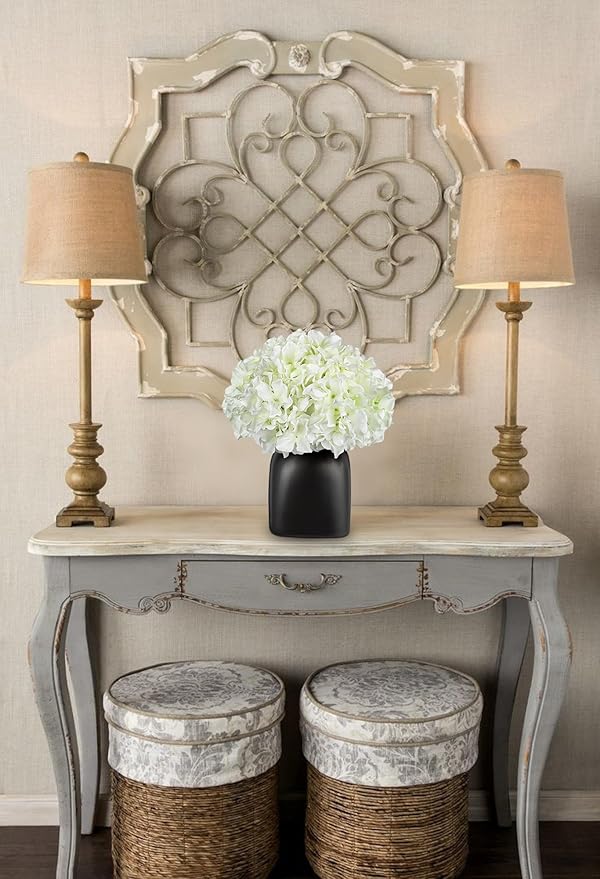 Briful White Hydrangea Artificial Flowers in Ceramic Vase, Black Vase Farmhouse Centerpieces for Tables, Dining Table Vase with Fake Flowers for Home Decor Indoor Kitchen Living Room