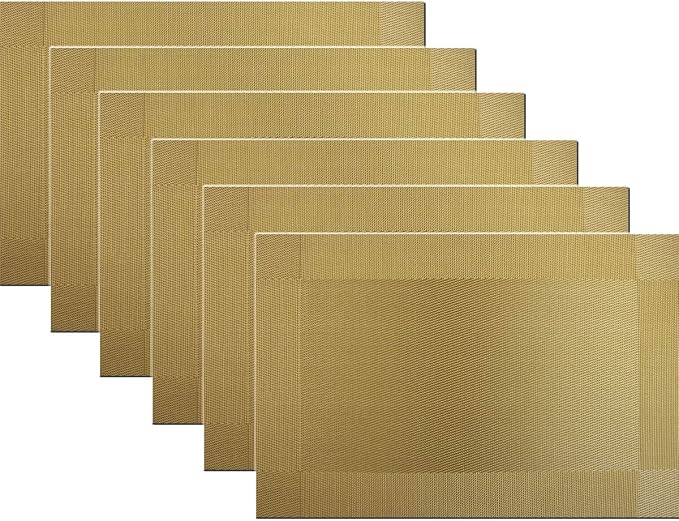 Placemats Vinyl Twill Weave Heat-Resistant Table Mats Washable Kitchen Placemats for Dinig Table Set of 6 (Gold)