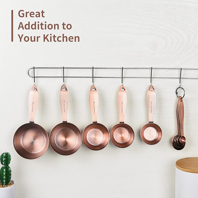 Copper measuring cups and spoons set,Includes Stainless Steel 5 Measuring Cups and 5 Measuring Spoons and Measure Ingredient Leveler and Rings（copper）