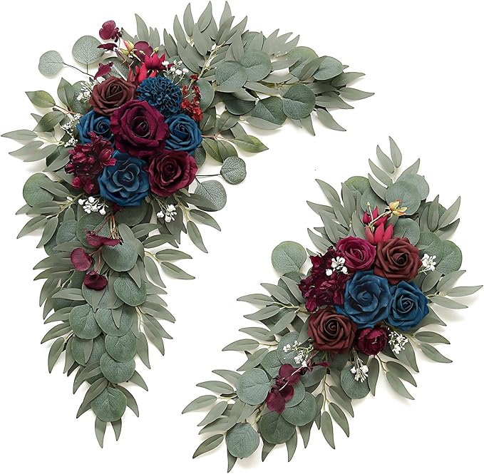 Olalaka Navy and Burgundy Flower for Wedding Welcome Signs Decorations, Artificial Burgundy Wedding Arch Flowers for Wedding Ceremony (Set of 2)