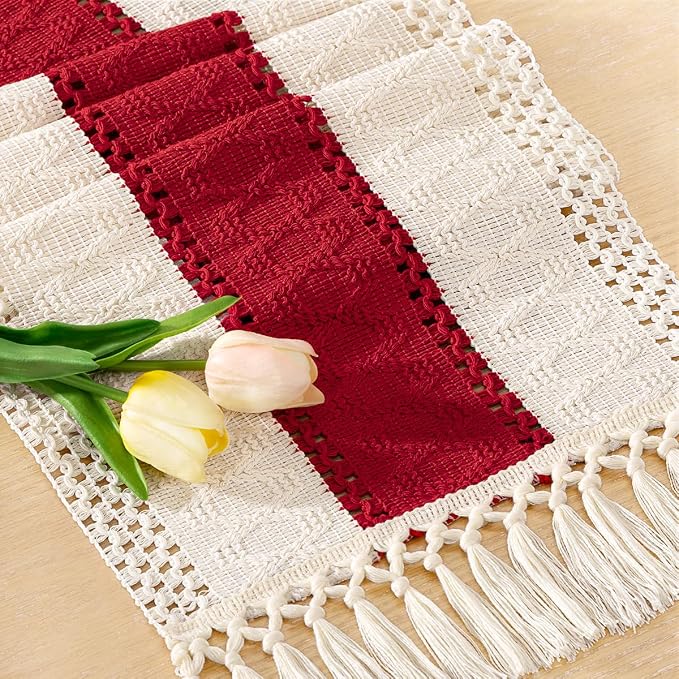 Socomi Boho Table Runner Summer Farmhouse Rustic Dining Kitchen Centerpiece Decor Small Macrame Woven Cotton Linen Coffee Table Runner for Dresser Scarf Home Decor 12x36 in Red Ivory