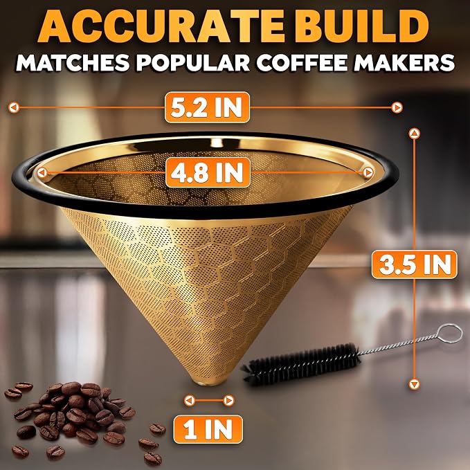 Pour Over Coffee Filter Reusable Stainless Steel - 800 Mesh Gold Cone with Black Ring for Clean, Sediment-Free Brew, Compatible with Hario V60 & Chemex, Paperless Coffee Dripper with Cleaning Brush