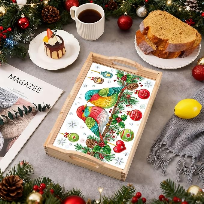 BAYUNOE DIY Diamond Serving Tray Christmas Rectangular Breakfast Tray with Handle Handmade Diamond Art Painting Wooden Tray for Dinner Plate Coffee Room Living Home Organizer-Colorful Bird