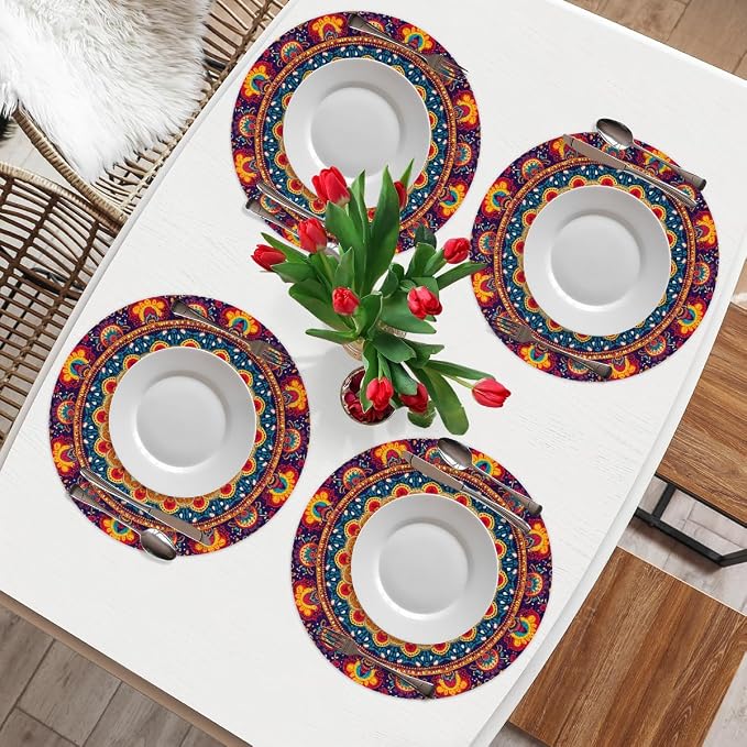 Round Placemats Set of 6, Colorful Boho Pattern Woven Placemats Mats Non-Slip Heat Resistant Washable Table Mats Round Braided Place for Farmhouse Kitchen Dining Party Decor 15in