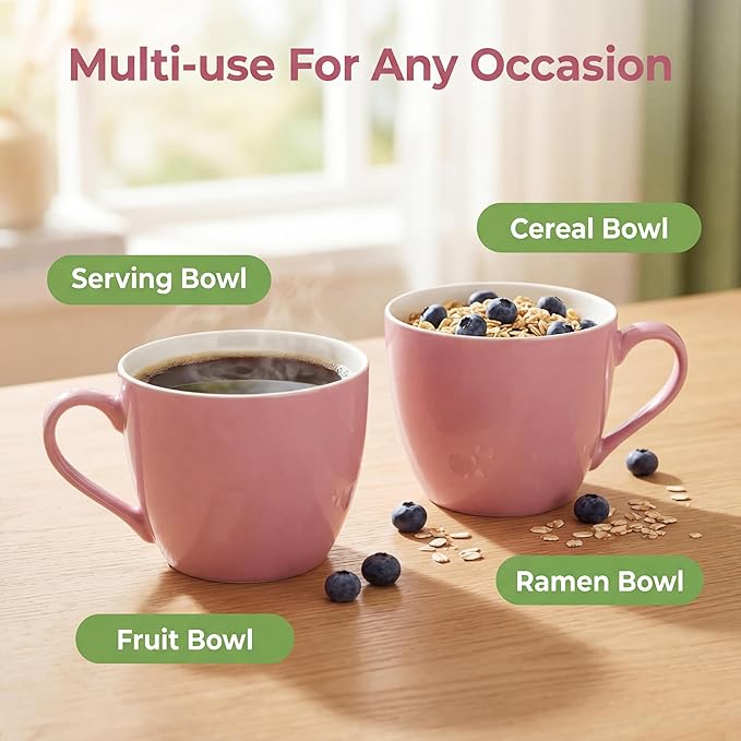 MECOWON 30 OZ Porcelain Coffee Mugs, Set of 2 Large Mugs for Soup, Cereal and Salad (pink)